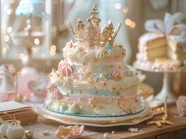 AI generated A sumptuously decorated multi-tier cake crowned with a golden tiara. Generative AI. photo