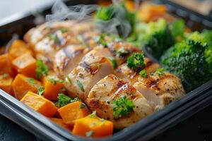 AI generated Steaming hot grilled chicken breast paired with sweet potato chunks and broccoli. Generative AI. photo