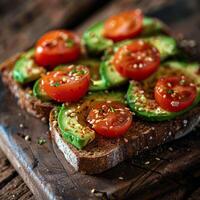 AI generated Avocado slices and cherry tomatoes on a toasted bread, sprinkled with sesame seeds. Generative AI. photo