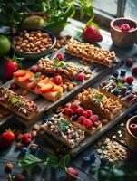 AI generated Chocolate bars generously topped with an assortment of fresh berries, nuts, and seeds on a rustic wooden board. Generative AI. photo