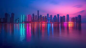 AI generated Cityscape with rainbow neon lights  at twilight and reflection in the water below. Generative AI. photo