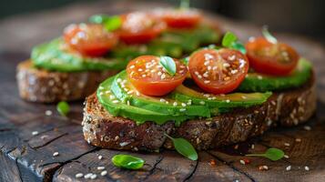 ai generado rebanadas de grano integral brindis coronado con palta, Cereza Tomates, espolvorear de sésamo semillas, y Fresco albahaca hojas. generativo ai. foto