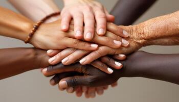 AI generated A pile of diverse hands on top of each other, symbolizing unity, strength, and the beauty of diversity. Generative AI. photo