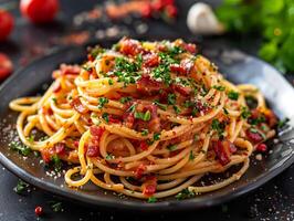 AI generated An appetizing plate of spaghetti with crispy bacon bits, garnished with fresh parsley and a hint of spice. Generative AI. photo