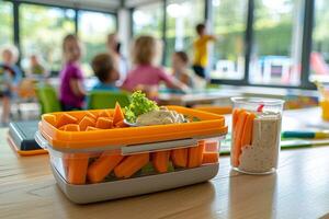 ai generado un niño caja de almuerzo arreglado con apto para alérgicos alternativas. generativo ai. foto