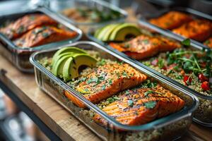 AI generated A set of meal prep containers filled with grilled salmon, avocado, quinoa, and fresh greens. Generative AI. photo