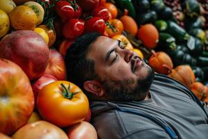 AI generated A thoughtful obese man lies amidst a cornucopia of vegetables and fruits. Generative AI. photo