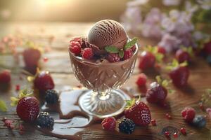 AI generated Chocolate ice cream adorned with fresh raspberries and blueberries, basking in the warm glow of a summer sunset. Generative AI. photo