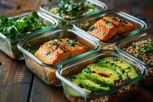 AI generated A set of meal prep containers filled with grilled salmon, avocado, quinoa, and fresh greens. Generative AI. photo