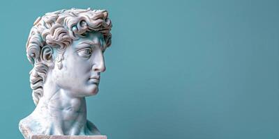 AI generated White Marble Bust Of Man. Antique Greece Sculpture On Soft Teal Minimalist Background. AI Generated photo