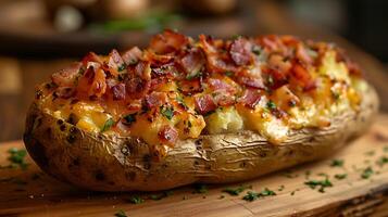 AI generated Loaded baked potato on a wooden table close up view photo