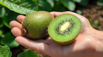 AI generated Holding fresh organic kiwi fruit photo