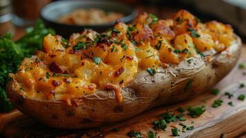 AI generated Loaded baked potato on a wooden table close up view photo