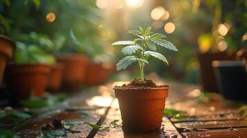 AI generated A small hemp plant in a pot on a wooden table photo