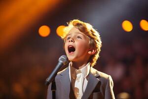 AI generated a young boy kid singing bokeh style background photo