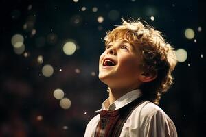 AI generated a young boy kid singing bokeh style background photo