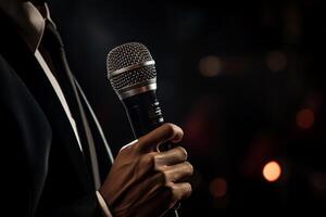 AI generated close up of hand holding microphone bokeh style background photo