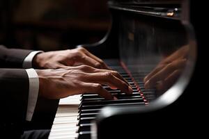 AI generated close up of hand playing piano bokeh style background photo