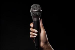 AI generated close up of hand holding microphone bokeh style background with generative ai photo