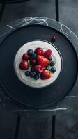 AI generated Berries on Yogurt on a Marble Table photo