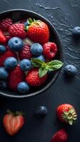 AI generated Fresh Berries in a Bowl on Dark Surface photo