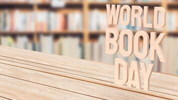 el mundo libro día madera texto en biblioteca para fiesta concepto 3d representación. foto