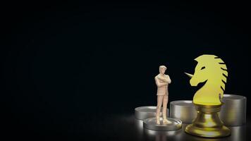 The Gold Unicorn Chess and man Figure for Business concept 3d Rendering. photo