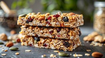 AI generated Stacked homemade granola bars packed with nuts, seeds, and dried fruits. Generative AI. photo