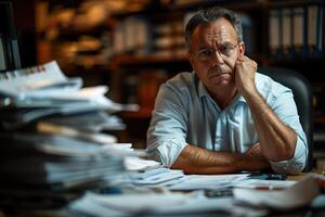 AI generated A stress businessman sitting at a cluttered desk, showing signs of stress and fatigue. Generative AI. photo
