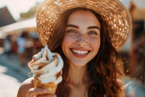 AI generated Smiling young woman enjoying an ice cream cone under summer sun. Generative AI. photo