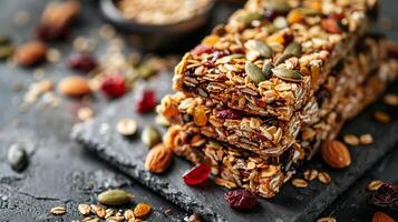 AI generated Stacked homemade granola bars packed with nuts, seeds, and dried fruits. Generative AI. photo