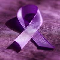 AI generated A textured purple ribbon, symbolizing awareness for causes pinned on a purple fabric backdrop. Generative AI. photo