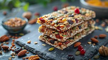 AI generated Stacked homemade granola bars packed with nuts, seeds, and dried fruits. Generative AI. photo