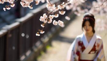 ai generado uno joven mujer caminando al aire libre, sonriente, rodeado por Cereza flores generado por ai foto