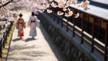 AI generated Two men walking outdoors, surrounded by cherry blossom trees generated by AI photo