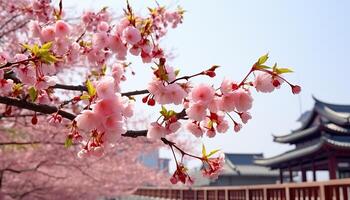 AI generated Springtime blossom pink flowers on tree branch, nature beauty outdoors generated by AI photo