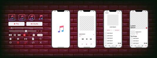 Apple music mockup. Music app. Application template on Iphone mockup. Subscription music player. Profile, Song, Album, Playlist. Pause, note, search, play and shuffle buttons. Editorial vector