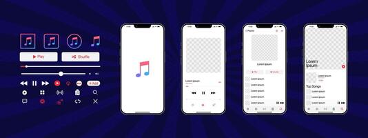 Apple music mockup. Music app. Application template on Iphone mockup. Subscription music player. Profile, Song, Album, Playlist. Pause, note, search, play and shuffle buttons. Editorial vector