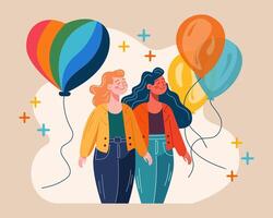 lesbiana Pareja en orgullo desfile. dos muchachas con vistoso globos lgbt derechos concepto. contento hembra amantes caminando juntos vector