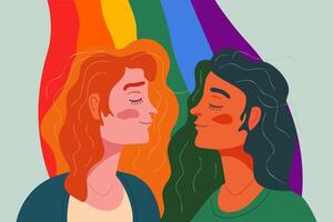 Lesbian couple with rainbow flag on background. Two girls reach out for each other to kiss. LGBT rights concept. Female lovers on pride parade vector