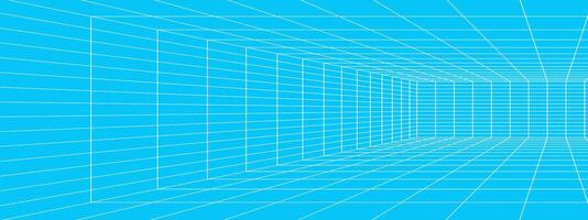 White rectangle wireframe in perspective on blue background. Room, hall, studio, portal or box grid structure. Engineering, architecting or technical isometric scheme vector