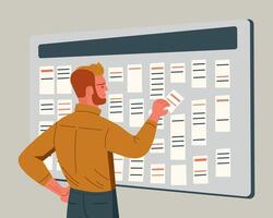 Man character near scrum or kanban board. Wall workplace with task stickers. Office work, project plan, daily schedule method. Manager working with scrumboard vector