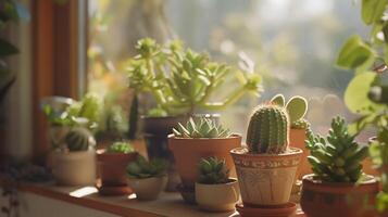 AI generated Sunny Windowsill Succulent and Cacti Display Soft Natural Light Casts Gentle Shadow on Textured Leaves photo