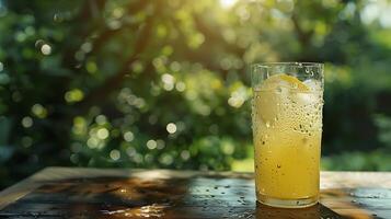 AI generated Refreshing Lemonade Glass Glistens in Backyard Garden Setting Captured with 50mm Lens photo