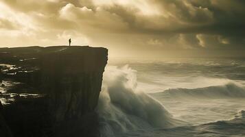 AI generated Figure Stands Firm Resilience Amid Turbulent Ocean Defying Adversity in Dramatic Contrast photo