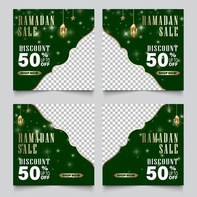 Instagram feed promo discount design, Ramadan theme with dark green background