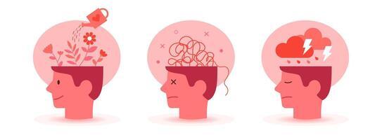 Mental health and psychotherapy concept illustration. Collection of illustrations of human heads. Vector illustrations set.