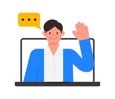 Man do business video call conference, telecommuting, Webinar, using laptop talk to colleagues, online learning and remote working concept, flat vector illustration