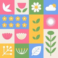 Spring season flat flower, leaf, cloud with square pattern background. Vector Illustration Graphic Design Set