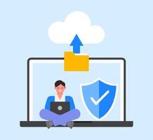 An illustration of a man uploading file to cloud. Secure file sharing concept with characters. Modern flat style for landing page, web banner, infographics vector